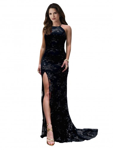 Cheap High Neckline Lace Open Back Bridesmaid Dress with High Slit UK