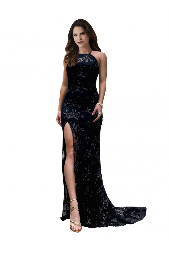 High Neckline Lace Open Back Bridesmaid Dress with High Slit