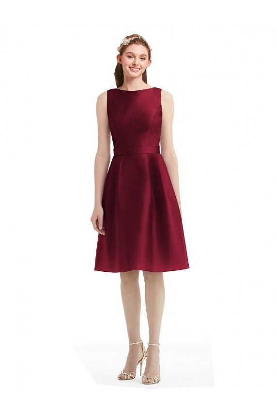Short Midi Length Satin Bridesmaid Dress with Bateau Neckline and V-Back