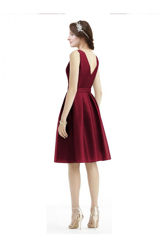 Short Midi Length Satin Bridesmaid Dress with Bateau Neckline and V-Back
