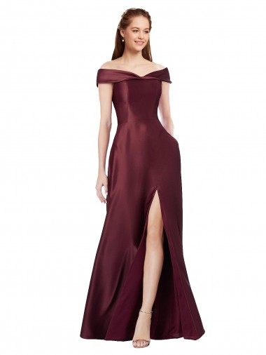 Cheap Long Off the Shoulder Satin Bridesmaid Dress with Thigh-high Slit UK