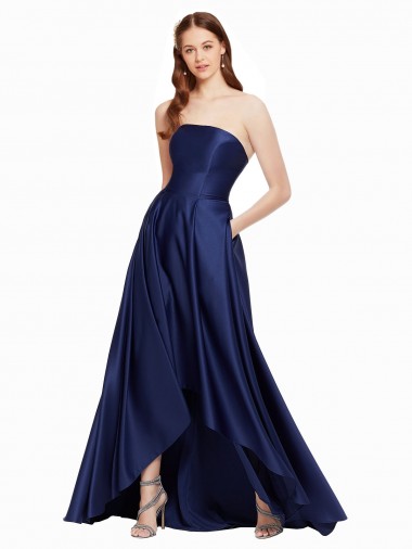Cheap High Low Strapless Satin Bridesmaid Dress with Pockets UK