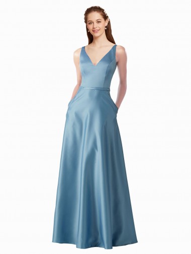 Cheap Classic Satin V-Neck A-Line Bridesmaids Dress with Pockets UK