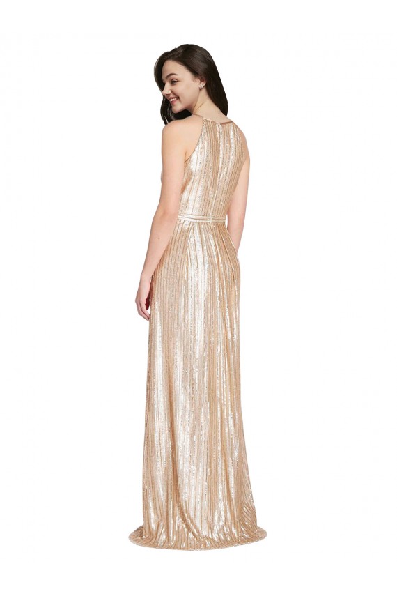 Floor Length Halter Neck Sparkling Sequin Bridesmaid Dress with Pleats