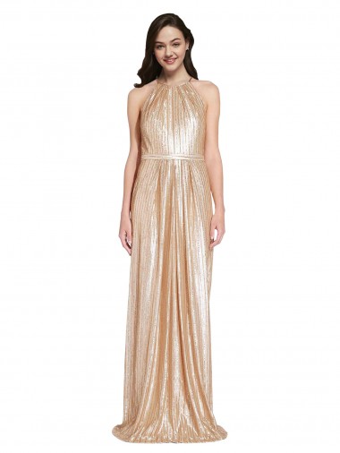 Cheap Floor Length Halter Neck Sparkling Sequin Bridesmaid Dress with Pleats UK
