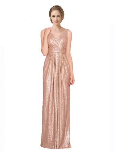 Cheap Draped V-Neck Striking Sheath Floor Length Sequin Bridesmaid Dress UK
