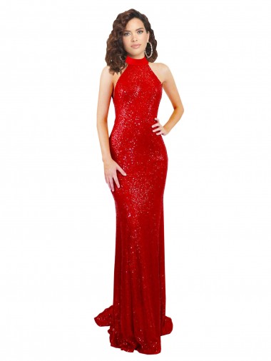 Cheap Halter High Neck Mermaid Open Back Sequin Bridesmaid Dress UK