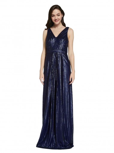 Cheap Long V-Neck Sparking Sequin Bridesmaid Dress with Low V-Back UK