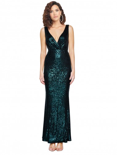 Cheap V-Neck Full Length Sequin Bridesmaid Dress with Draped Back UK