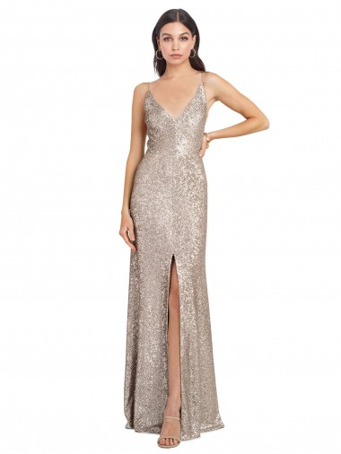 Cheap V-Neck Fully Sequin Bridesmaid Dress with V-Back and Front Slit UK