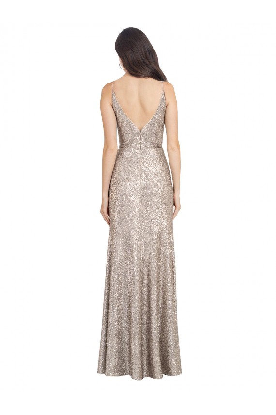 V-Neck Fully Sequin Bridesmaid Dress with V-Back and Front Slit