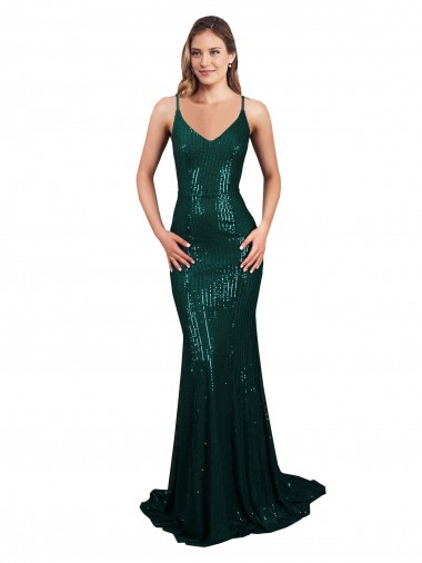 Cheap Fishtail Shaped V-Neck Open Back Long Sequin Bridesmaid Dress UK