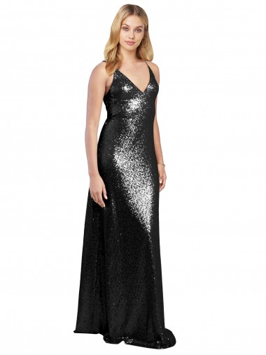 Cheap Full Length A-Line Sequin Bridesmaid Dress with Spaghetti Straps V-Neckline UK