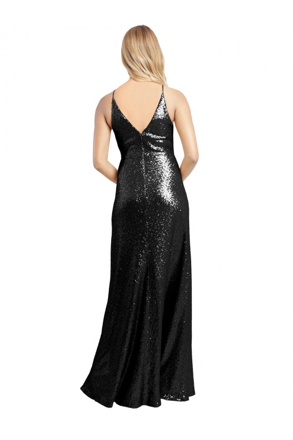 Full Length A-Line Sequin Bridesmaid Dress with Spaghetti Straps V-Neckline