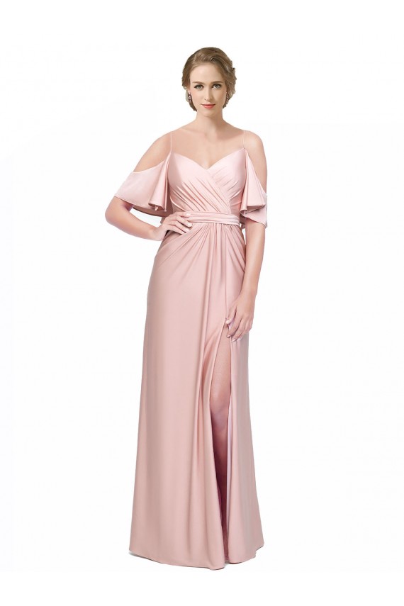 Draped Cold Shoulder Sleeves Long Silky Satin Bridesmaid Dress with Slit and Tie Back