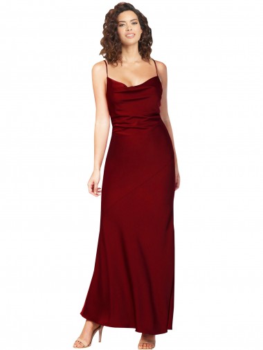 Cheap Cowl Neck Low Back Silky Satin Bridesmaid Dress with Thin Back Straps UK