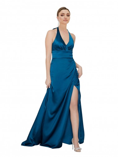 Cheap Halter Neck Silky Satin Bridesmaid Dress UK