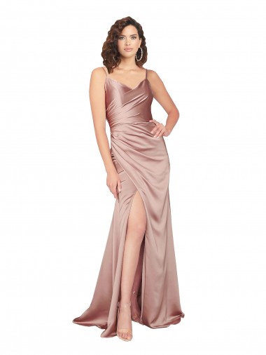 Cheap Floor Length Silky Satin Bridesmaid Dress with Front Skirt Slit UK