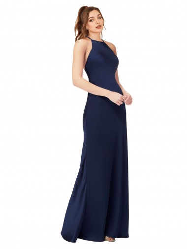 Cheap High Neck Satin Bridesmaid Dress with Strappy Back UK