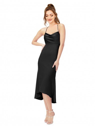 Cheap High Low Midi Silky Satin Cowl Neck Bridesmaid Dress UK