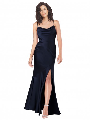 Cheap Draped Cowl Neck Silky Satin Bridesmaid Dress with Skirt Slit UK