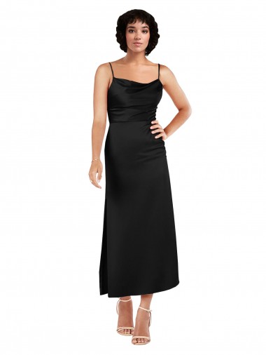 Cheap Cowl Neck Tea-Length Short Silky Satin Bridesmaid dress with Skirt Slit UK