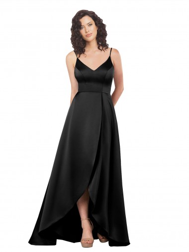 Cheap High Low V-Neckline Silky Satin Tulip Bridesmaid Dress with Wrap Skirt UK