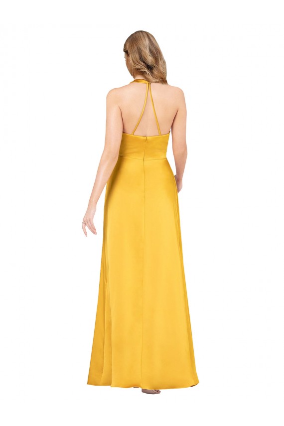 Halter A-Line Silky Satin Bridesmaid Dress with V-Neckline and Slit