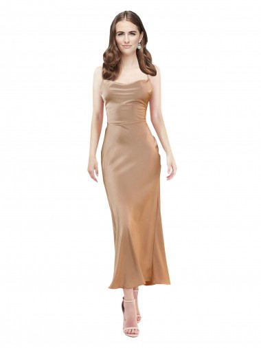 Cheap Cowl Neck Silky Satin Midi Length Bridesmaid Dress Low Back UK