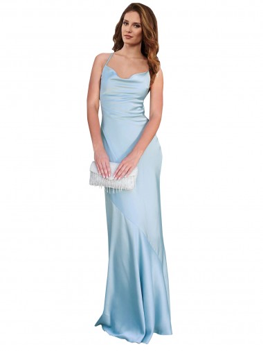 Cheap Open Back with Ties Cowl Neck Sheath Silky Satin Long Bridessmaid Dress UK
