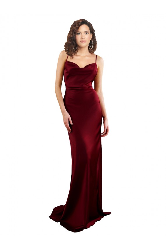 Cowl Neck Long Criss Cross Open Back Silky Satin Bridesmaid Dress