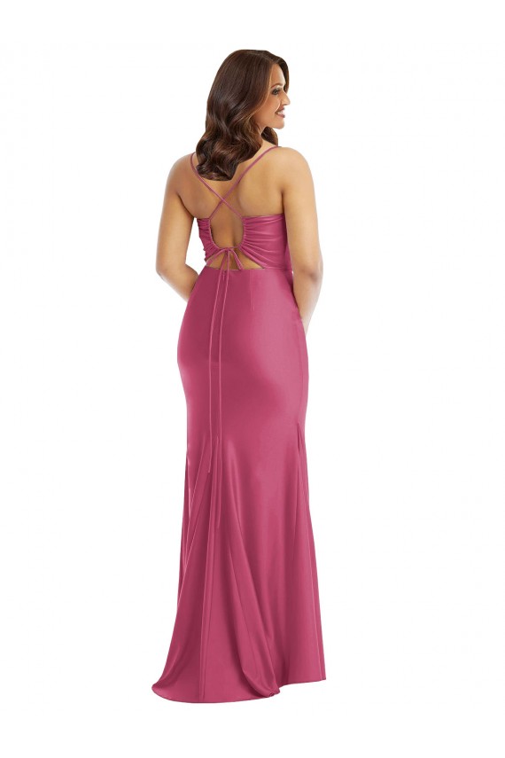Cowl-Neck Open Tie-Back Silky Satin Mermaid Bridesmaid Dress with Frong Slit