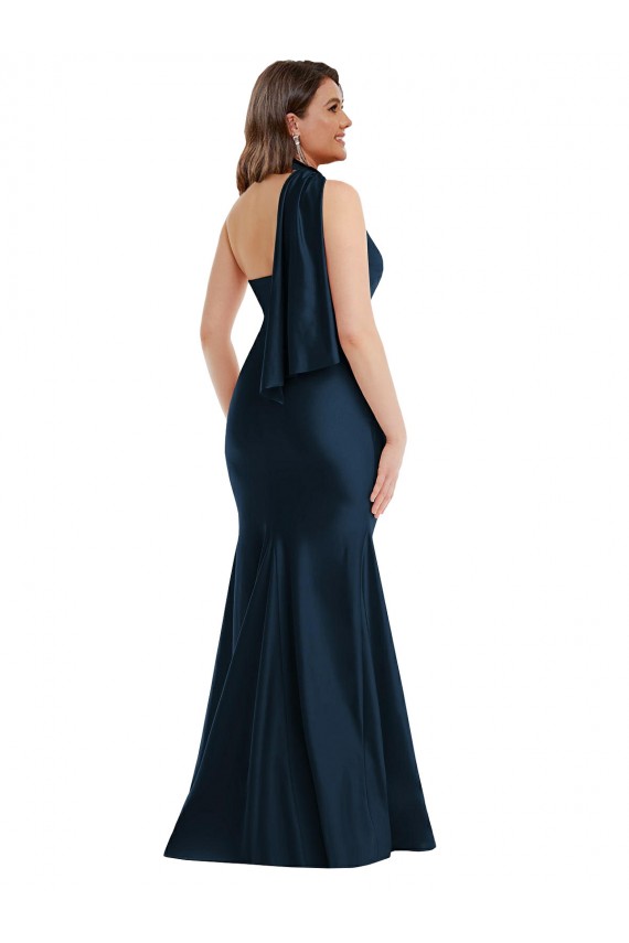 Scarf Neck One Shoulder Silky Satin Mermaid Bridesmaid Dress with Front Slit