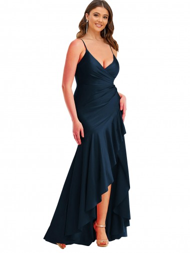 Cheap Pleated Wrap Ruffled High Low Silky Satin Bridesmaid Dress UK