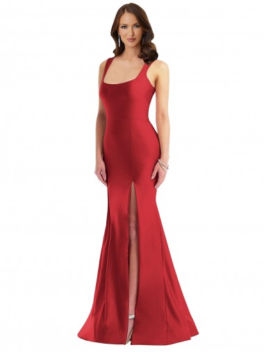 Cheap Square Neck Silky Satin Mermaid Bridesmaid Dress with Side Slit UK