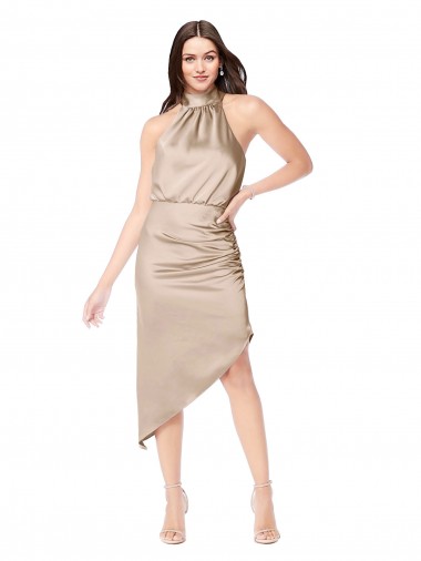 Cheap Silky Satin Bridesmaid Dress with Asymmetric Skirt UK