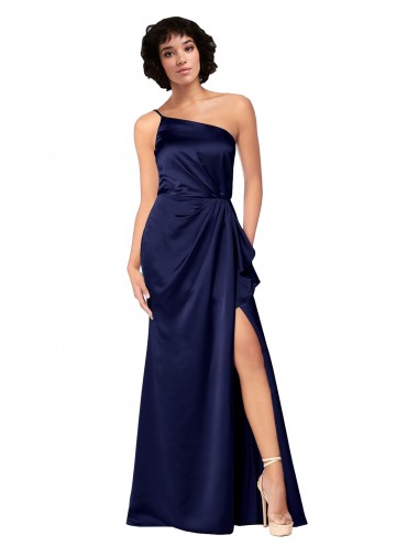 Cheap One Shoulder Silky Satin Bridesmaid Dress with Skirt Slit UK