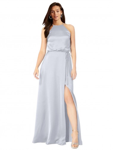 Cheap Halter Neck Silky Satin Bridesmaid Dress with Strappy Back UK