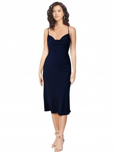 Cheap Short Midi Length Silky Satin Bridesmaid Dress with Cowl Neck and Cross Back Straps UK
