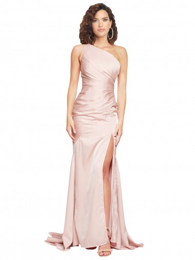 Cheap Full Length One Shoulder Long Silky Satin Bridesmaid Dress with High Split UK