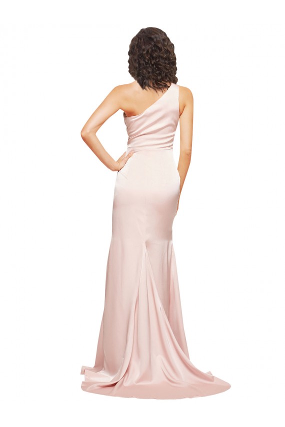 Full Length One Shoulder Long Silky Satin Bridesmaid Dress with High Split