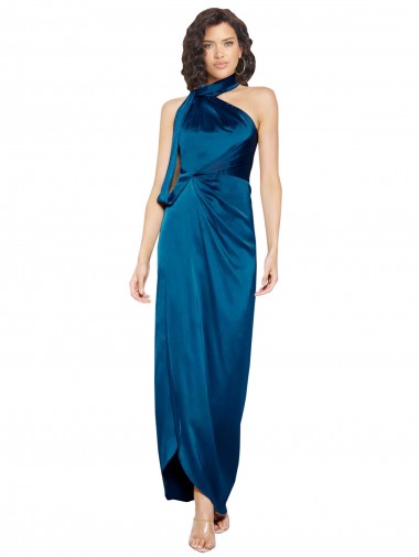 Cheap High Halter Neck Silky Satin Bridesmaid Dress with Sash Overlay and Side Split UK