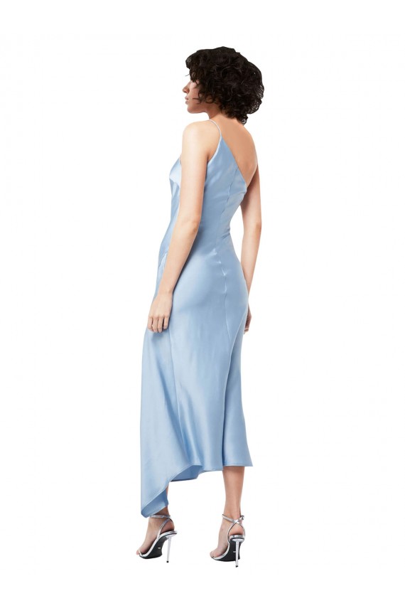 Midi Length Short Silky Satin Bridesmaid Dress with Asymmetric Neckline and High Side Split