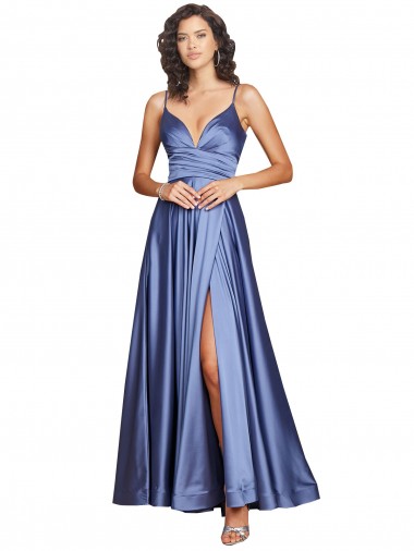 Cheap Deep V-Neck Sweetheart Long Silky Satin Bridesmaid Dress with Thigh High Slit UK
