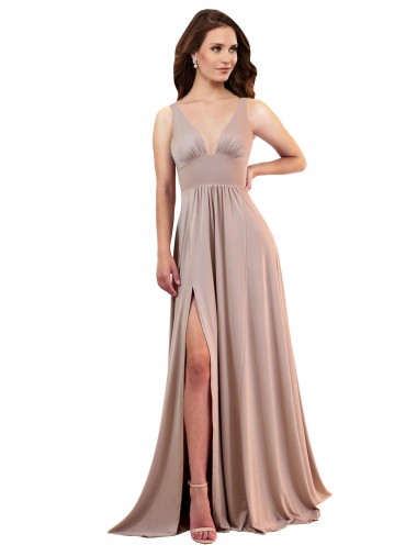 Cheap Long A-Line Plunge V-Neckline Spandex Bridesmaid Dress with Slit UK