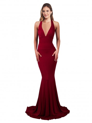 Cheap Halter Mermaid Plunge V-Neckline Open Back Bow Tie Spandex Bridesmaid Dress UK