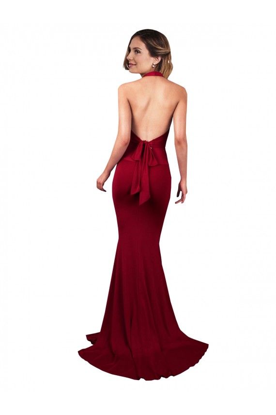 Halter Mermaid Plunge V-Neckline Open Back Bow Tie Spandex Bridesmaid Dress