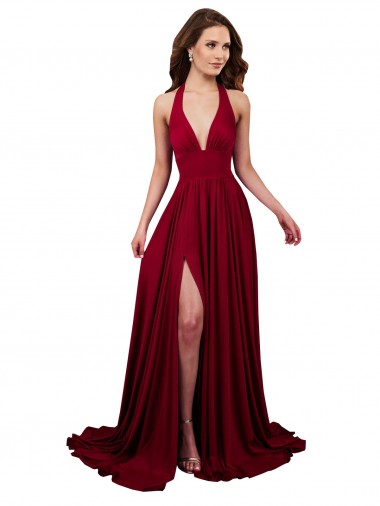 Cheap A-Line Halter Plunge V-Neckline Open Back Spandex Bridesmaid Dress with Slit UK
