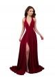 A-Line Halter Plunge V-Neckline Open Back Spandex Bridesmaid Dress with Slit