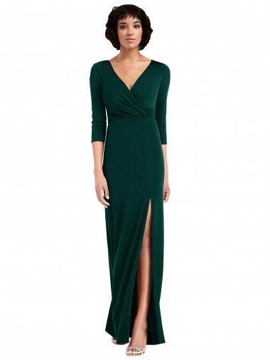 Cheap Floor Length 3/4 Sleeves V-Back Draped Wrap Maxi Spandex Bridesmaid Dress UK